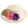 Foldable Flat Top Straw Sun Hat with Frangipani Flower Decoration for Beach Travel