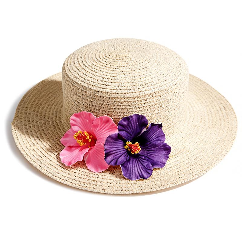 Foldable Flat Top Straw Sun Hat with Frangipani Flower Decoration for Beach Travel