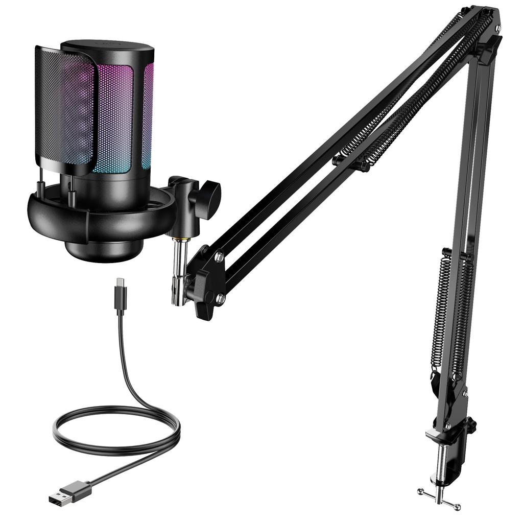 TKGOU USB Gaming PC Microphone, Condenser Microphone with Mute Button, Unidirectional, RGB Lighting, Volume Control, Plug & Play, for PC Gameplay, Liv