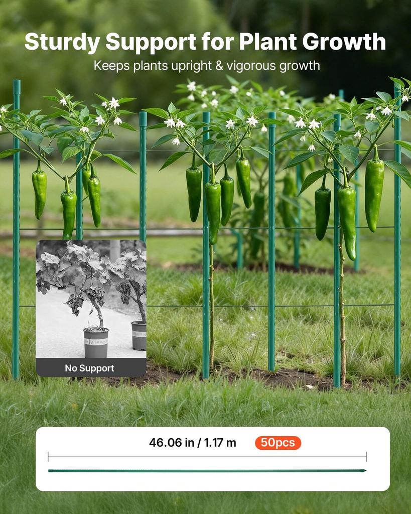 Garden Stakes, 50 Pack, 1170 Mm, Plastic Coated Metal Tomato Stakes, Garden Sticks for Plants Support, with Pointed End and Non-Slip Bumps for Growing