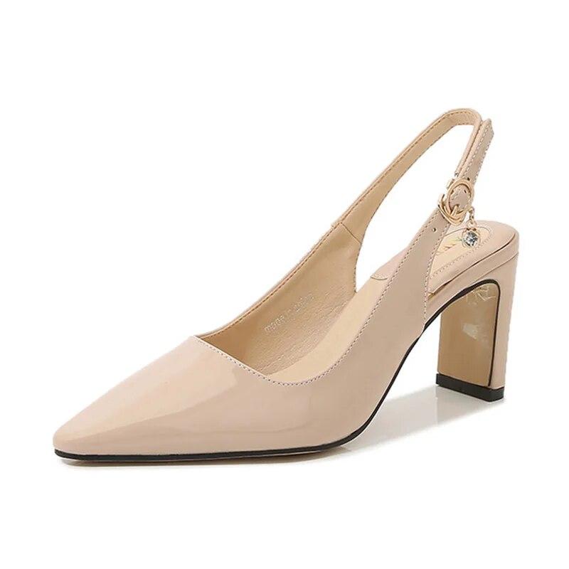Dámská nahá barva na vysokém podpatku Kancelářské pracovní boty Nový temperament lakovaná kůže 7,5 cm podpatek WZ