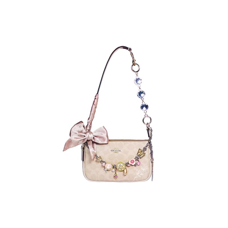 

COACH shoulder bag [Customized bag] Nolita 19 Naked Apricot Ribbon Diamond Classic Old Flower Print Chain Pink Decorative Pendant white butterfly білий