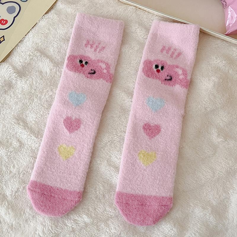Pink Australian Velvet Socks Medium Tube Socks Season Warm, Piled And Thickened Cute Expression Cartoon Plush Sleep Socks