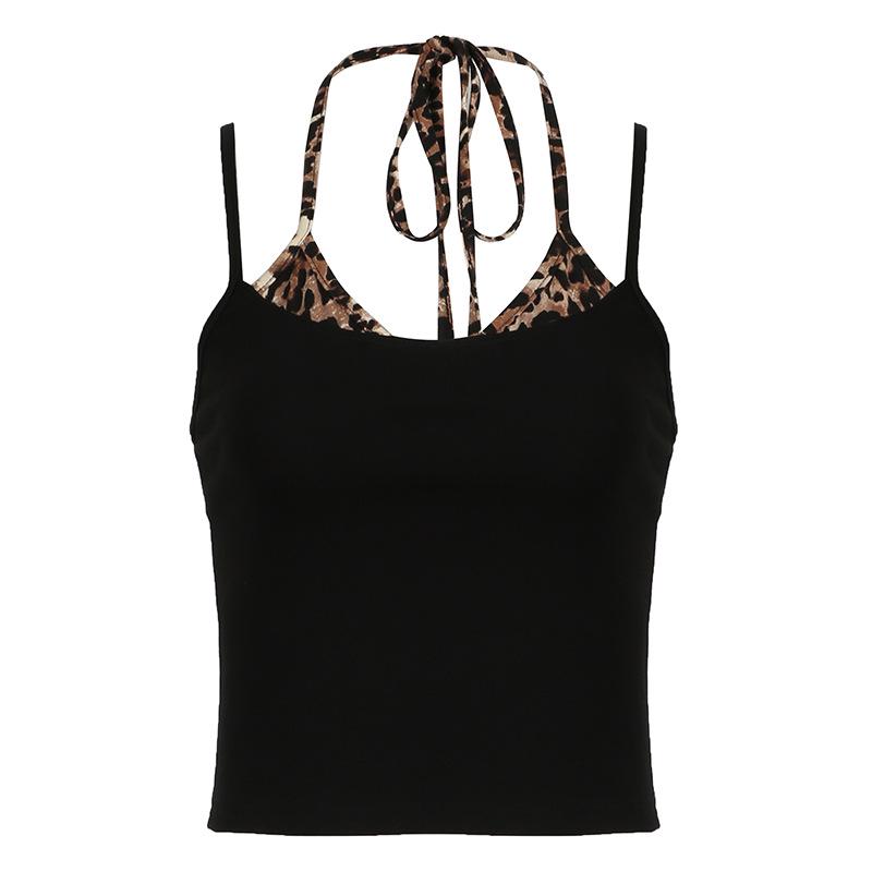 Wild Leopard Print Patchwork Crop Top - American Retro Color Block Camisole