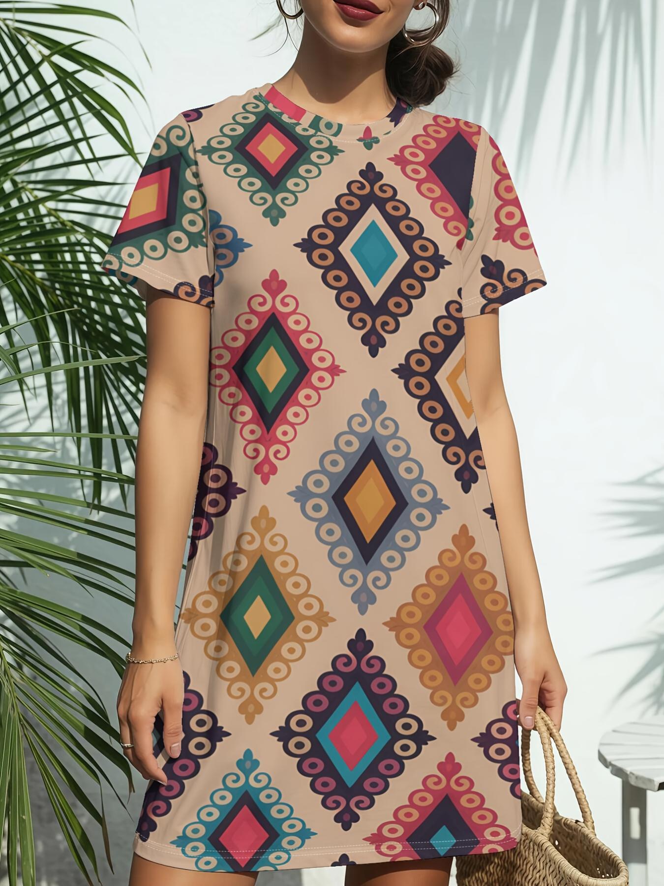 

Diamond Geo Popnew Arrival Women S Round Neck Short-Sleeve T-Shirt Dress. American Trendy Digital Print. Casual Versatile Style for Spring And Summer. 8XL дубильна кора