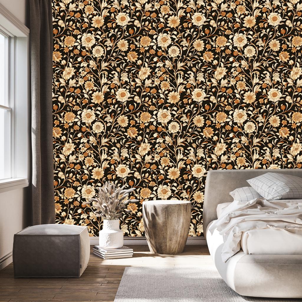 Flowers and Leaves Wallpaper Ochre, Gold and Brown for Living Room and Bedroom 50x1000