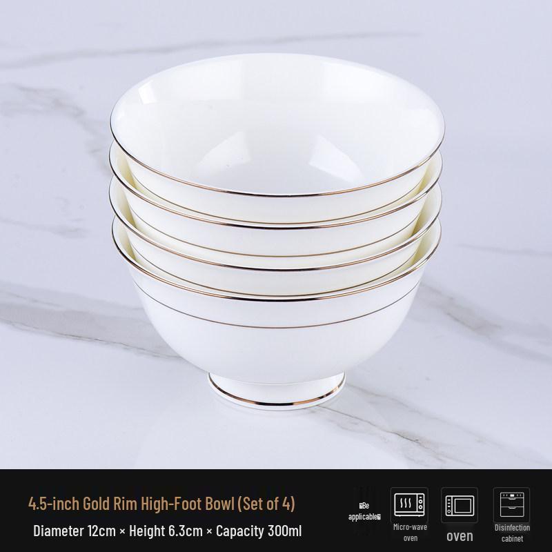 Ceramic Gold Rim Bone China Tableware Set - Microwave Safe Deep Plate, Rice Bowl for Home and Hotel Use.