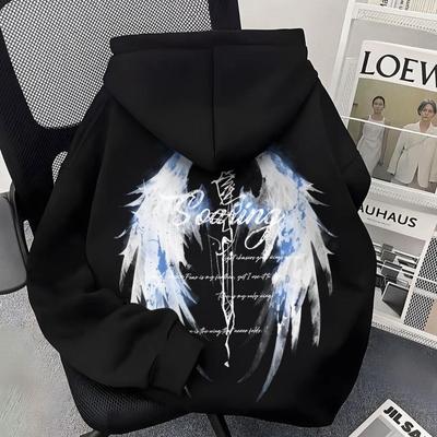Übergröße Herren Hoodie mit Flügelprint - Trendiger Amerikanischer Streetwear, Herbst/Winter, Samtgefüttert, Lässige Lockere Passform