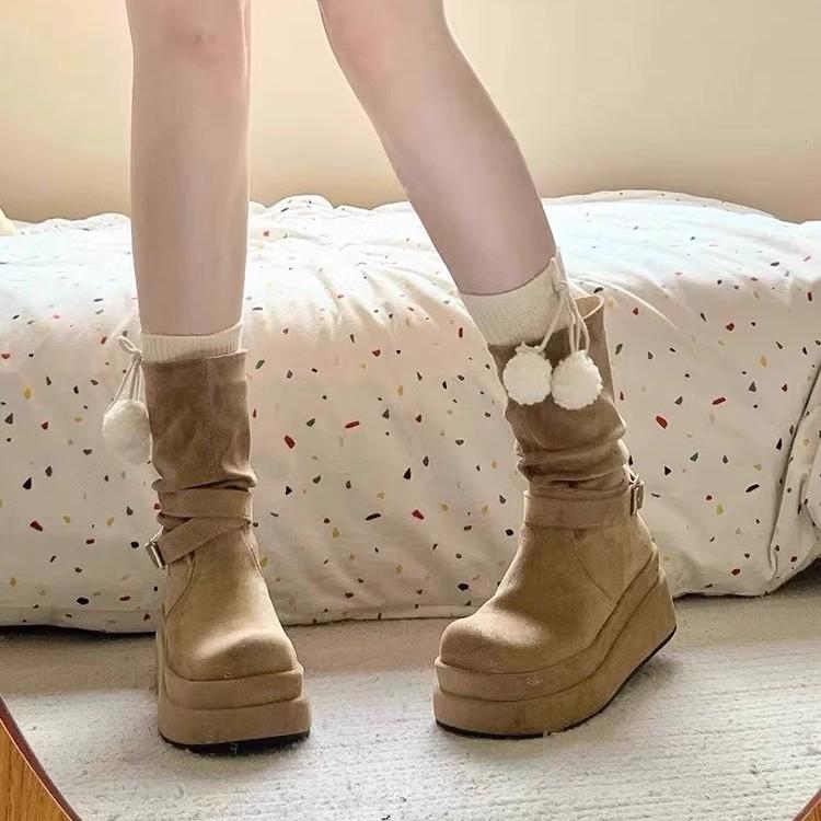 Niche Medium Boots Women's Autumn and Winter New Heightened Thick-soled Martin Boots Pleated Suede Fashion Boots Western Cowboy Boots