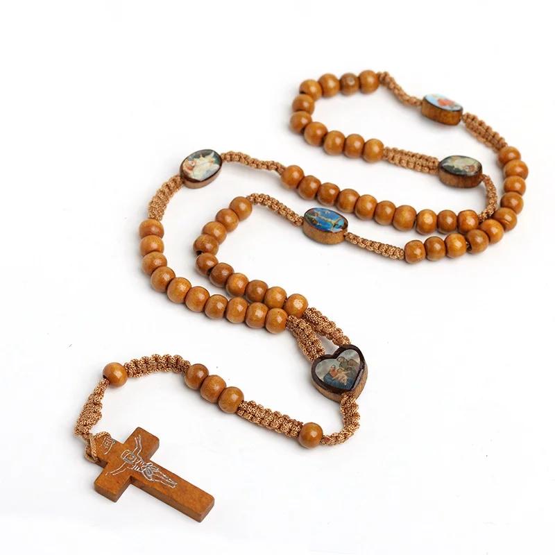 Wooden Beads Cord Rosary St Benedict Medal Jesus Cross Car Pendant Necklace Catholic Fashion Religious Jewelry Auto Decor