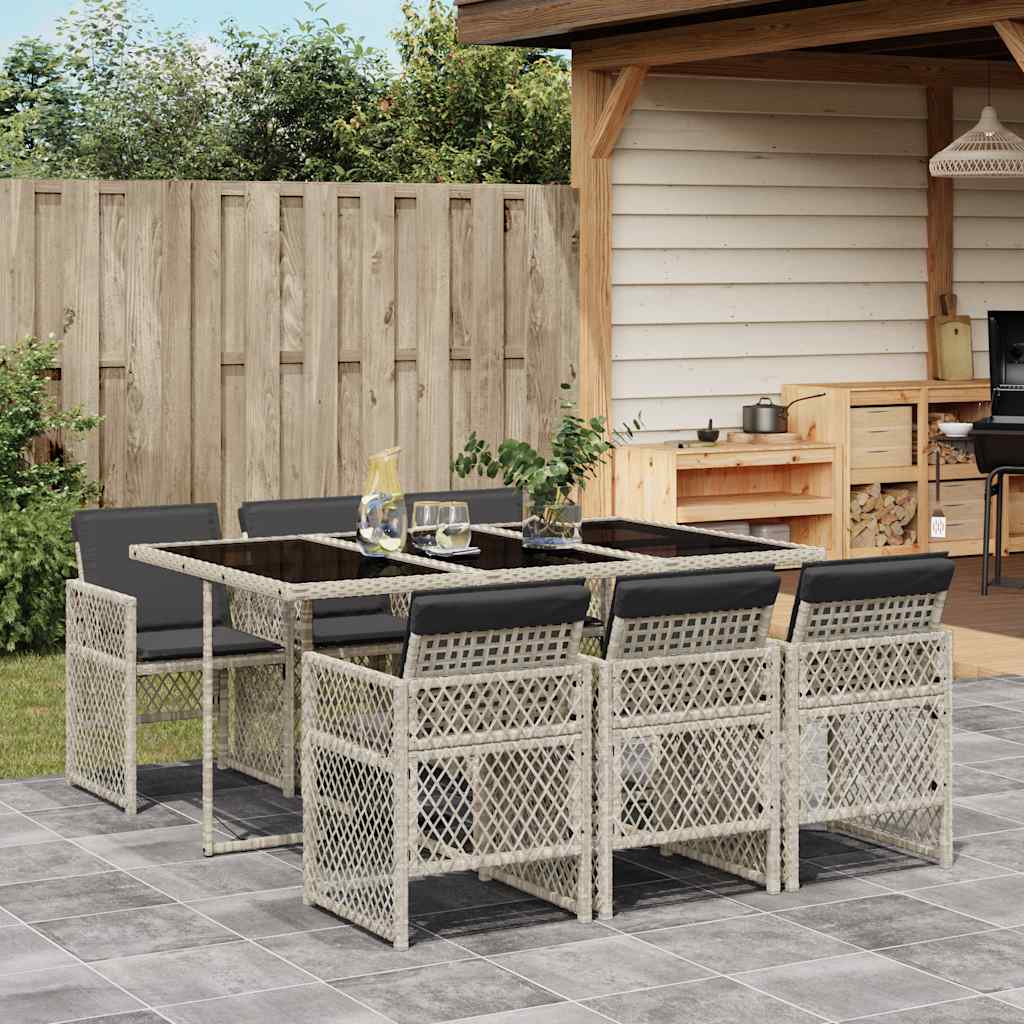 7 Piece Outdoor Dining Set with Cushions Light Grey Poly Rattan
