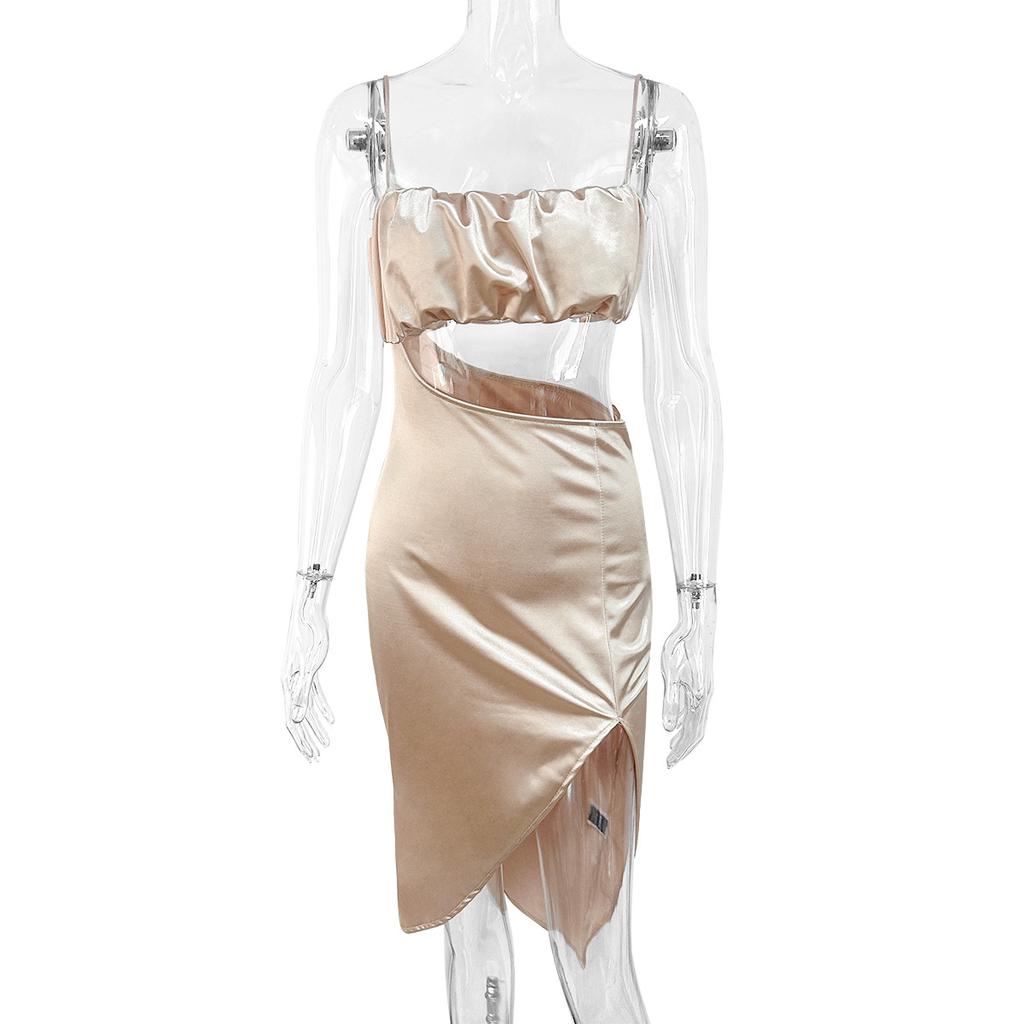 New suspender medium and long dress European and American summer sexy hollow split hip wrap irregular skirt