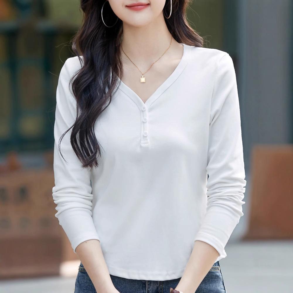 Korean Version of Small Long-sleeved T-shirt for Women Loose Spring New Bottoming Shirt Curved Hem V-neck Top