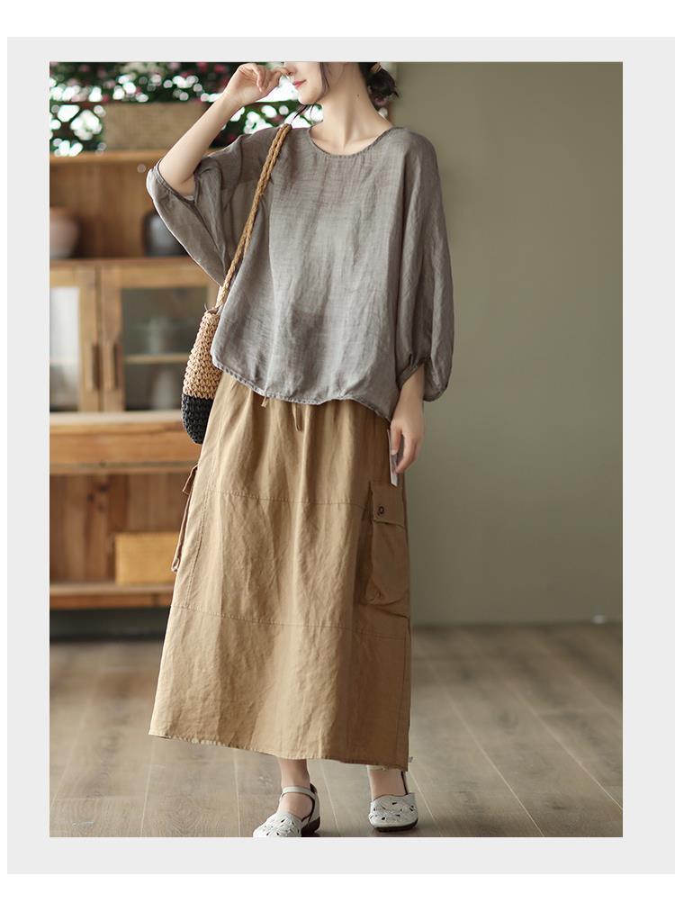 Spring/Summer 2026 Solid Color Seven-Sleeve Cotton Linen Top - Chic, Versatile, Age-Reducing Women's Fashion.
