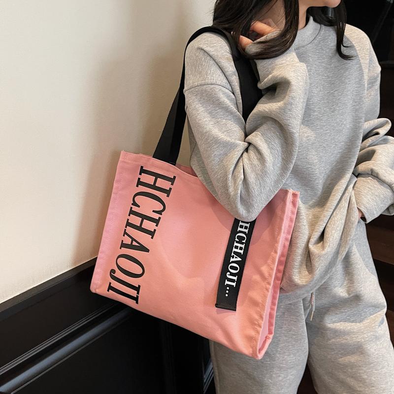 Letter Print Canvas Shoulder Bag Women's Travel Large Capacity Tote Bag Student Class Commuter Bag