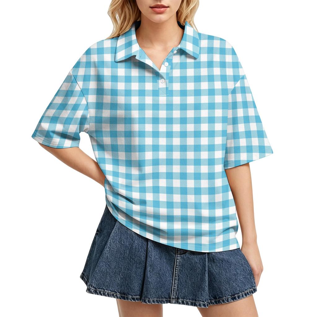 Women Casual Polo Shirt Loose Fit Short Sleeve Button Down Collar Checkered Pattern Lightweight Top for Daily Wear