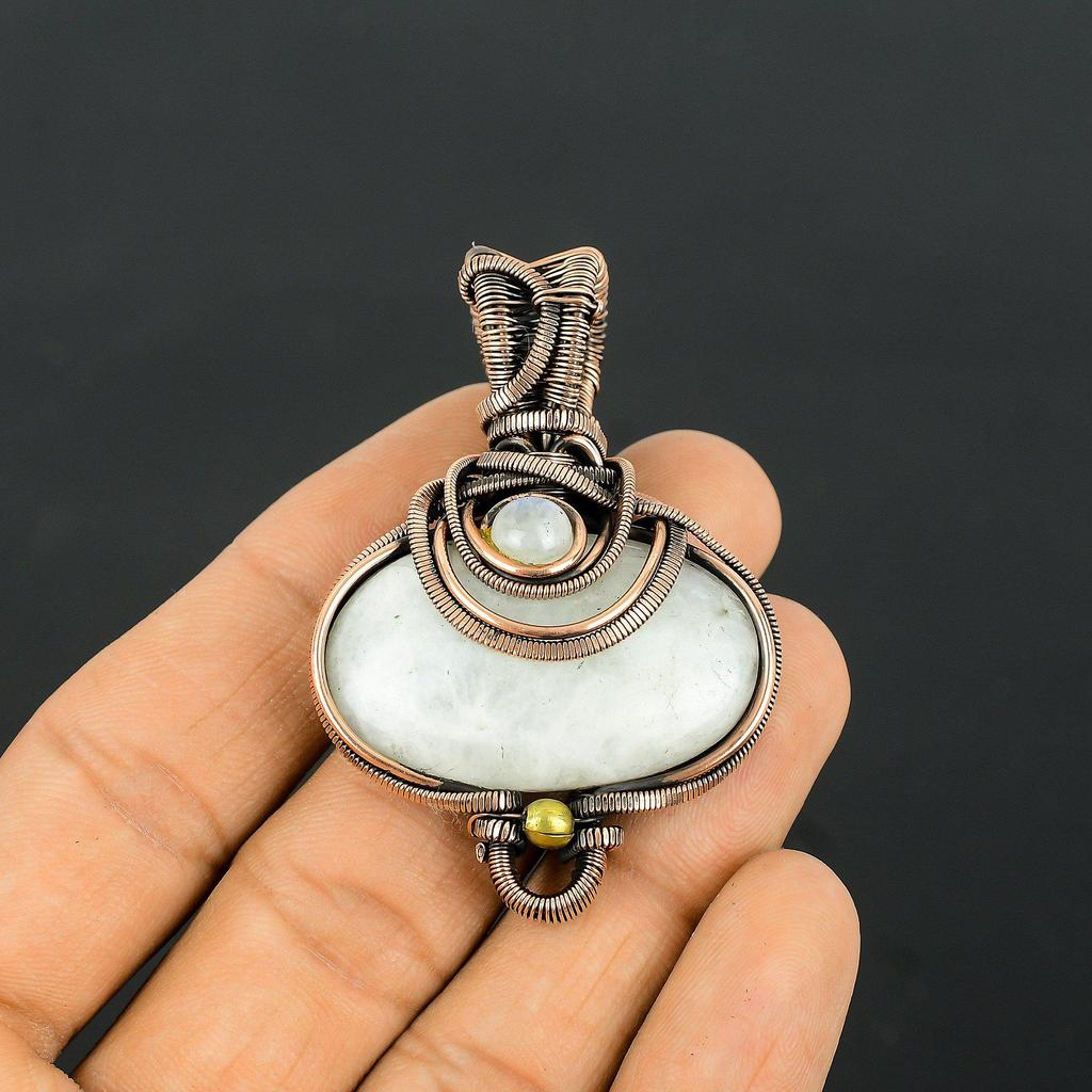Moonstone Gemstone Copper Wire Wrap Handmade Pendant Jewelry Gift For Women