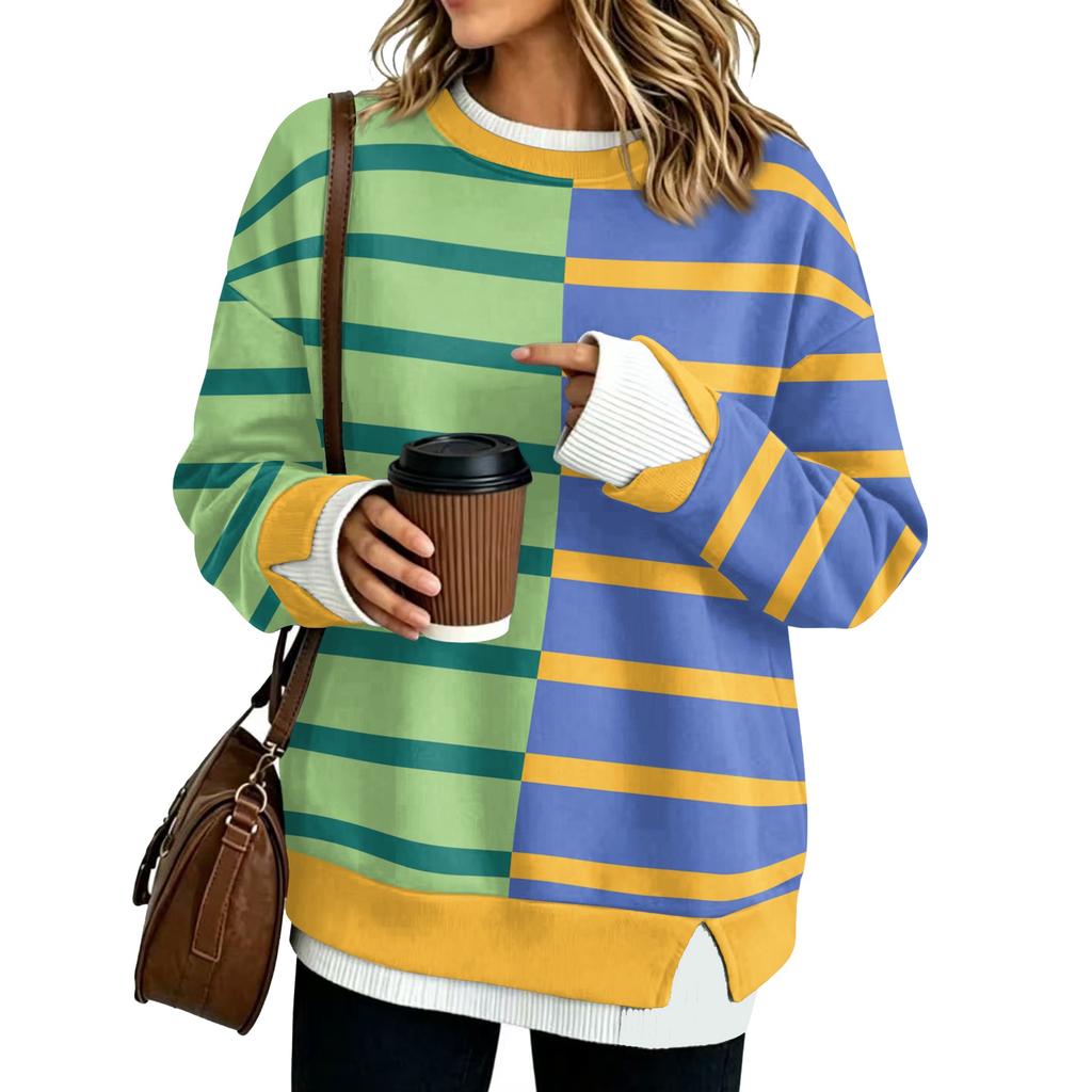 Trendy Women's Casual Loose Fit Long Sleeve Two Piece Striped Sweatshirt Pullover Top