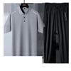 Men's Summer Ice Silk Sportswear Set: POLO Shirt, Short Sleeve, and Trousers, Plus Size, Three-Piece Set.