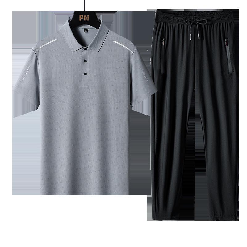 Men's Summer Ice Silk Sportswear Set: POLO Shirt, Short Sleeve, and Trousers, Plus Size, Three-Piece Set.