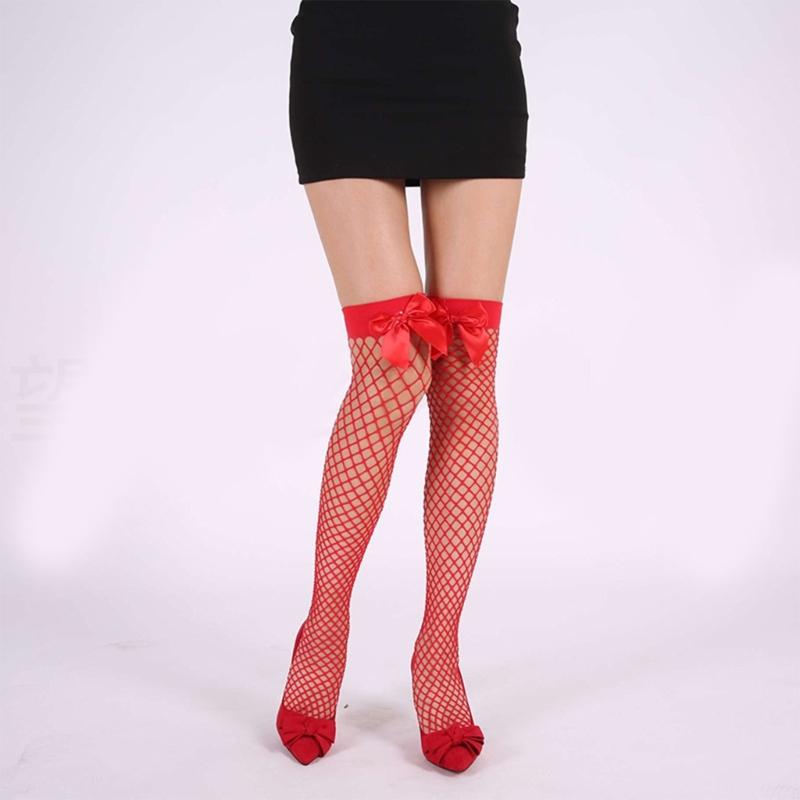 Sweet Bowknot Accent Thigh High Long Socks for Women Halloween Cosplay Parties Fishnet Striped Thigh High Stockings