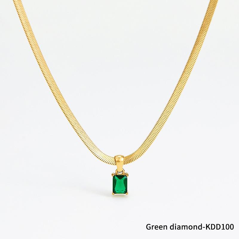 Gold Plated Stainless Steel Herringbone Chain Necklace with Pink Square CZ Pendant