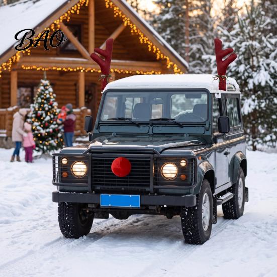 Christmas Car Decoration Reindeer Antlers with Red Nose, Plush Vehicle Party Accessory Kit Jingle Bell Ribbon, Festive Auto for Holiday Funny Exterior