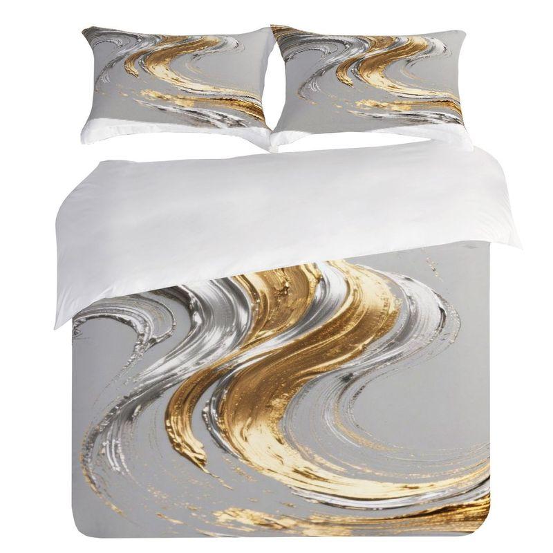 Pillowcase Quilt Cover 3-Piece Bedding Gold Silver Abstract Metal Brushstrokes Decorative Pattern