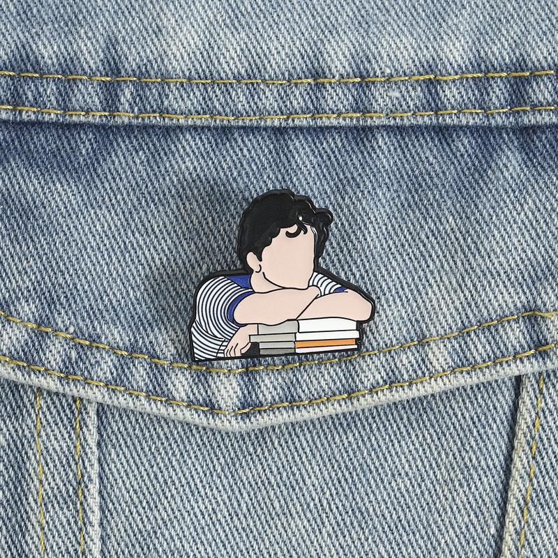 Retro Cartoon Artistic Figure Resting On Books Enamel Pin Intellectual Lapel Badge Elegant Gift For Book Lovers Brooch