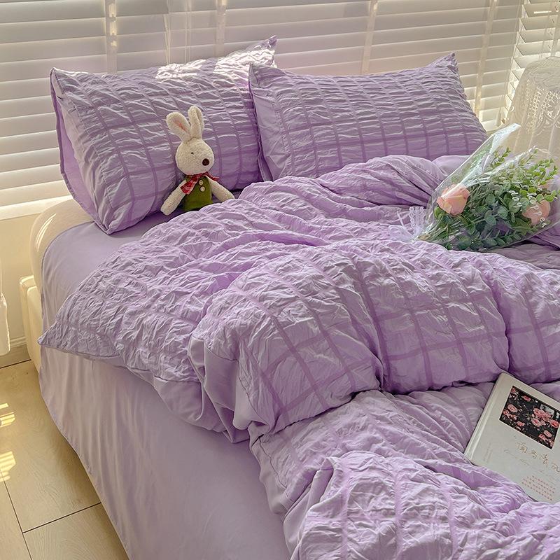 Korean Style Seersucker Cotton 4-Piece Bed Set - Girlish Duvet Cover & Sheet for Dorms (3-Piece)