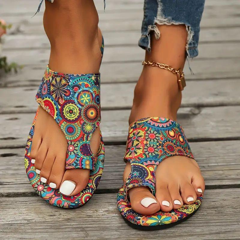 Ethnic Style Slippers for Women New Colorful Patterned Summer Breathable Printed Roman Style Slippers, Open Toe Beach Footwear