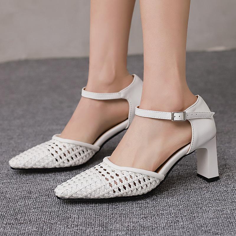 RLN French Woven Hollow Bag Head Sandals  Summer Thick Heel T-strap Roman Shoes