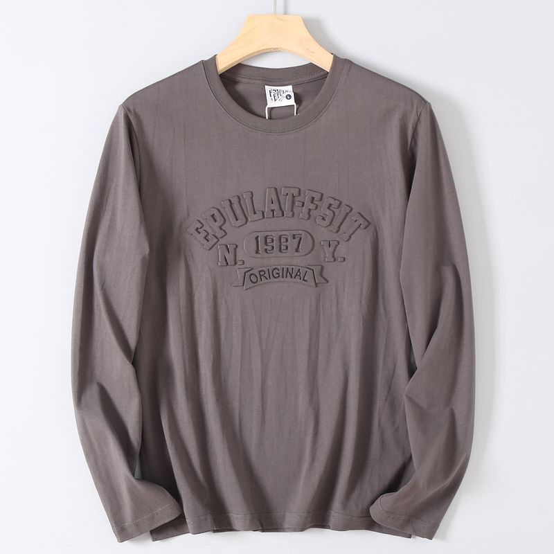 Foreign Trade Surplus Cotton Washed 3D Embossed Printed Long-Sleeve T-Shirt for Men, Autumn Round Neck Casual Base Shirt