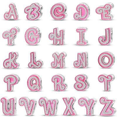 A-Z 26 Alphabet Charms Copper English Letters Charm Pave Pink Cz Fit Pan Original Bracelets Diy Jewelry For Women
