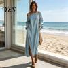 Party Dress Casual Women's One Shoulder Long Sleeve Maxi Dress, Cotton Linen Tunic Side Slit Summer Loose with Pockets Retro Style