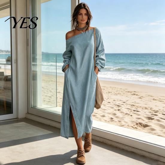 Party Dress Casual Women's One Shoulder Long Sleeve Maxi Dress, Cotton Linen Tunic Side Slit Summer Loose with Pockets Retro Style