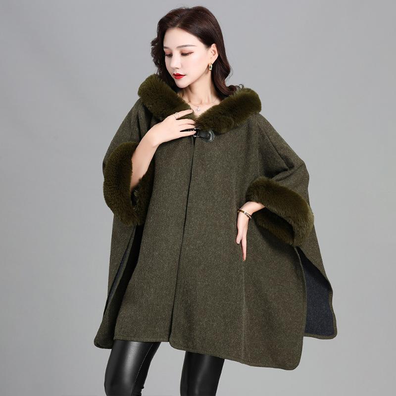 European and American Imitation Rabbit Fur Collar Hooded Large Shawl Cape Women's Knitted Cardigan Thick Loose Mid-length Fur Coat for Women