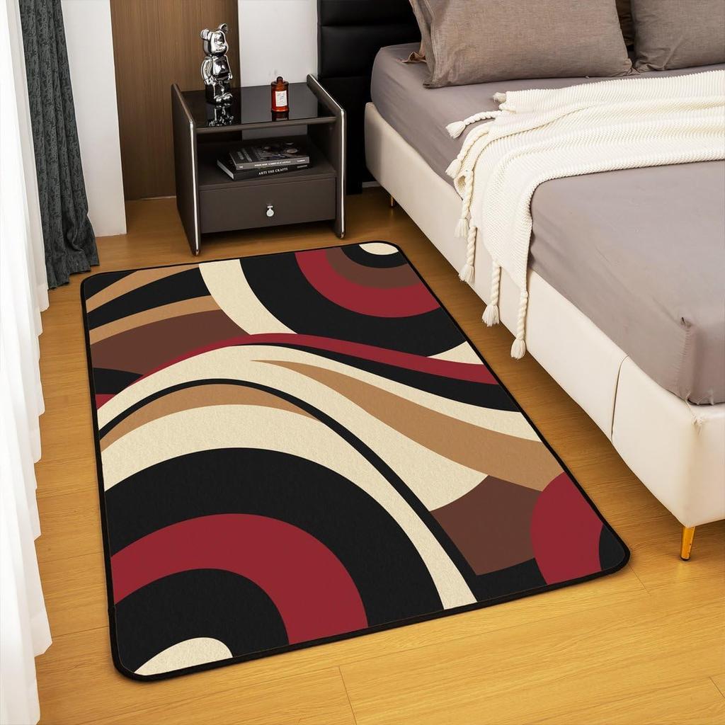 Contemporary Earthy Tone Themed Rug,Red Brown Beige Abstract Wave Non-Slip Floor Mat for Bedroom Living Room Office Decor Carpet