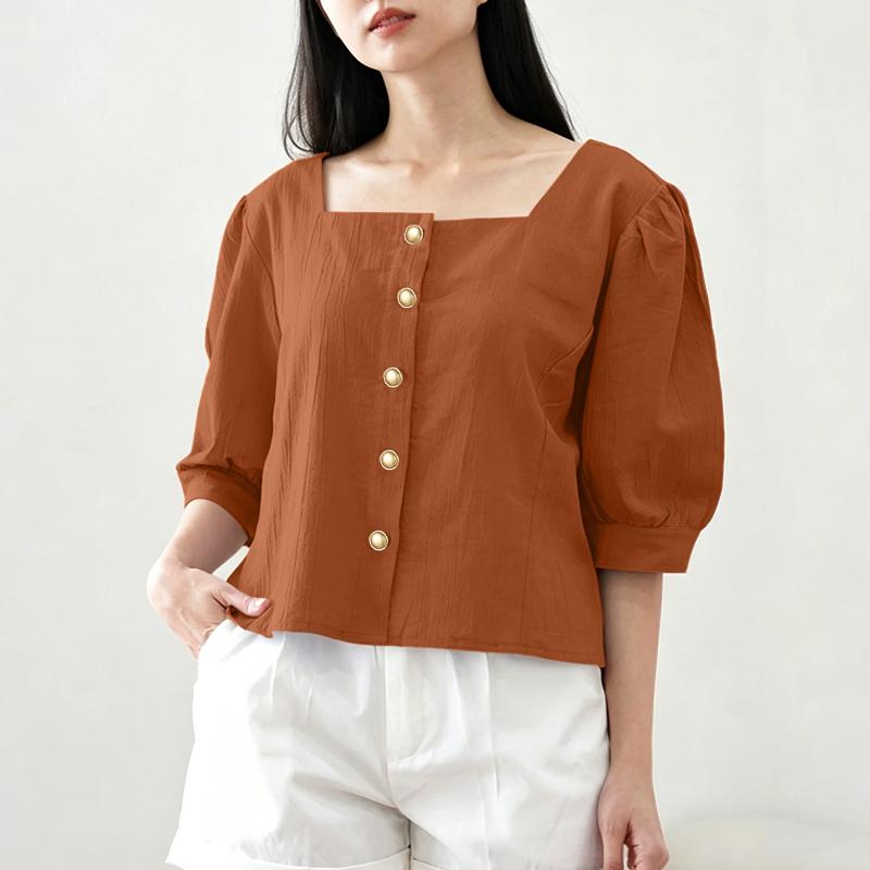 ZANZEA Damen Freizeit Quadratischer Kragen Locker Sommer Halbarm Bluse