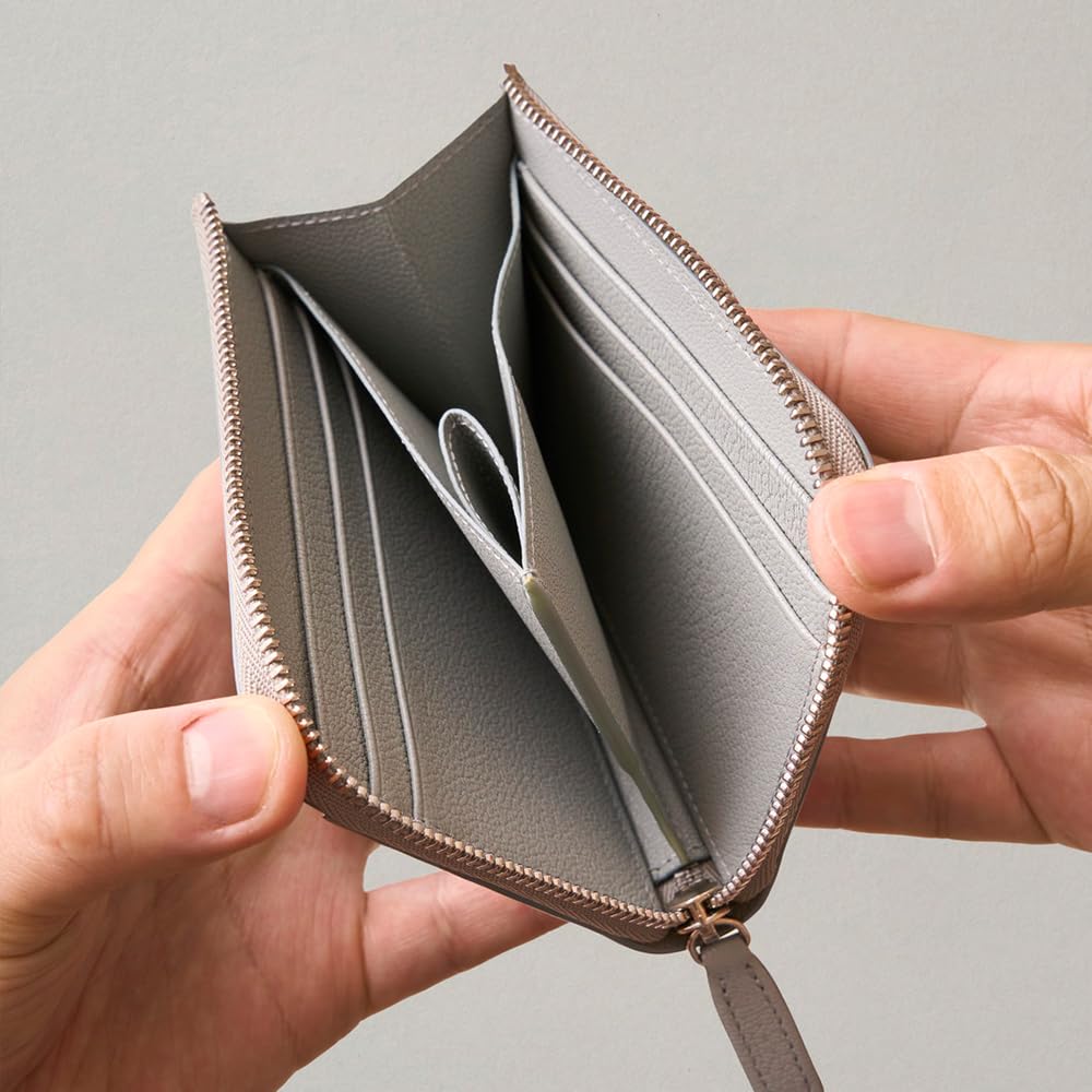 Eponas CONNECT by Eponas Zip Leather Wallet with AirTag Storage Pocket, Genuine French Goat Leather from Arlan, Round Zip (Blue Gray + Shoulder Strap)