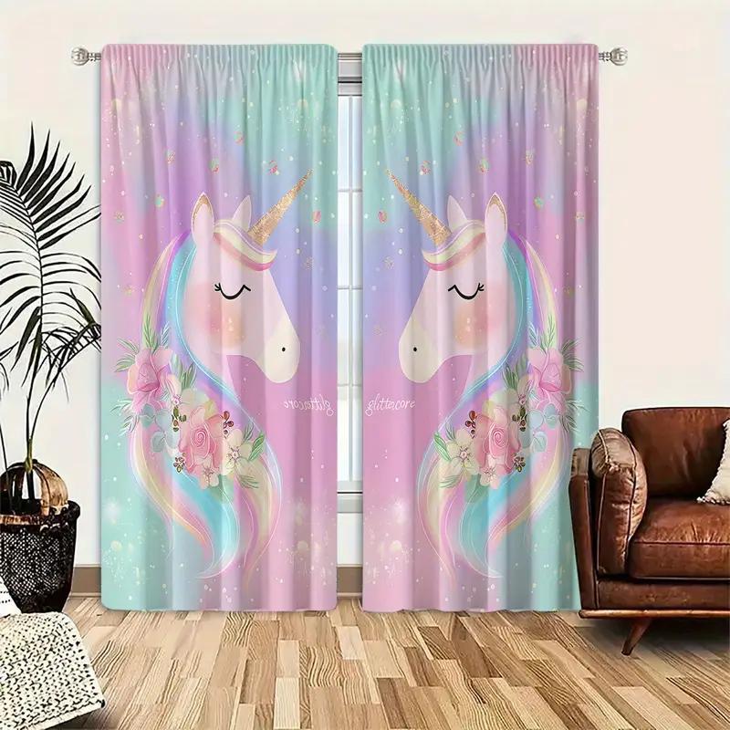 2PCS Pink Green Unicorn Curtain with Pole Bag Design   Protecting Privacy   Suitable for Various Decorative Scenes