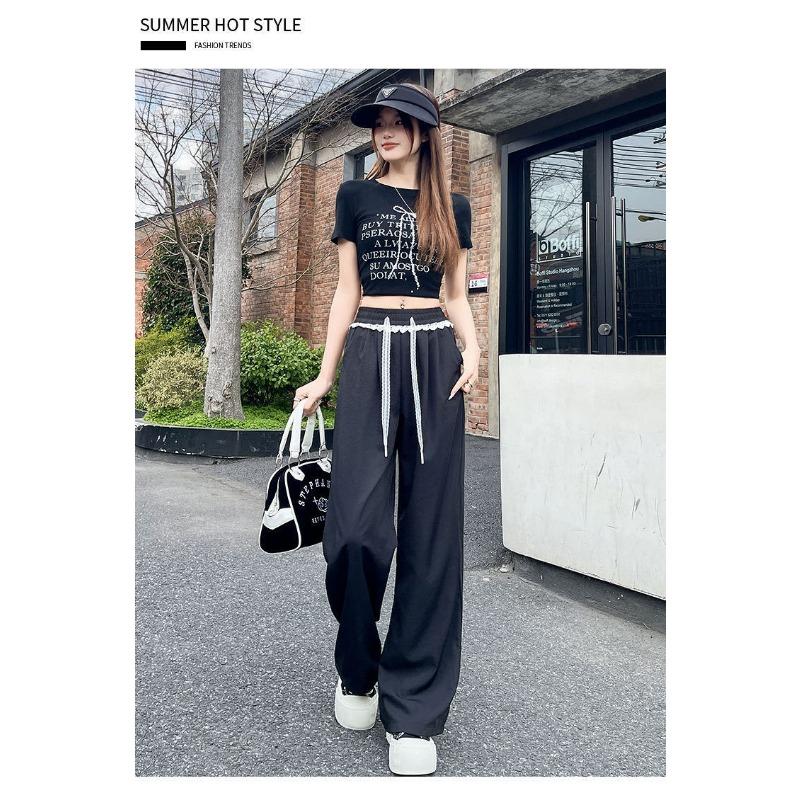 

Lace lace ice silk wide-leg pants summer high waist lazy wind sunscreen pants versatile contrasting color drape Yamamoto casual pants XL lengthened чёрный
