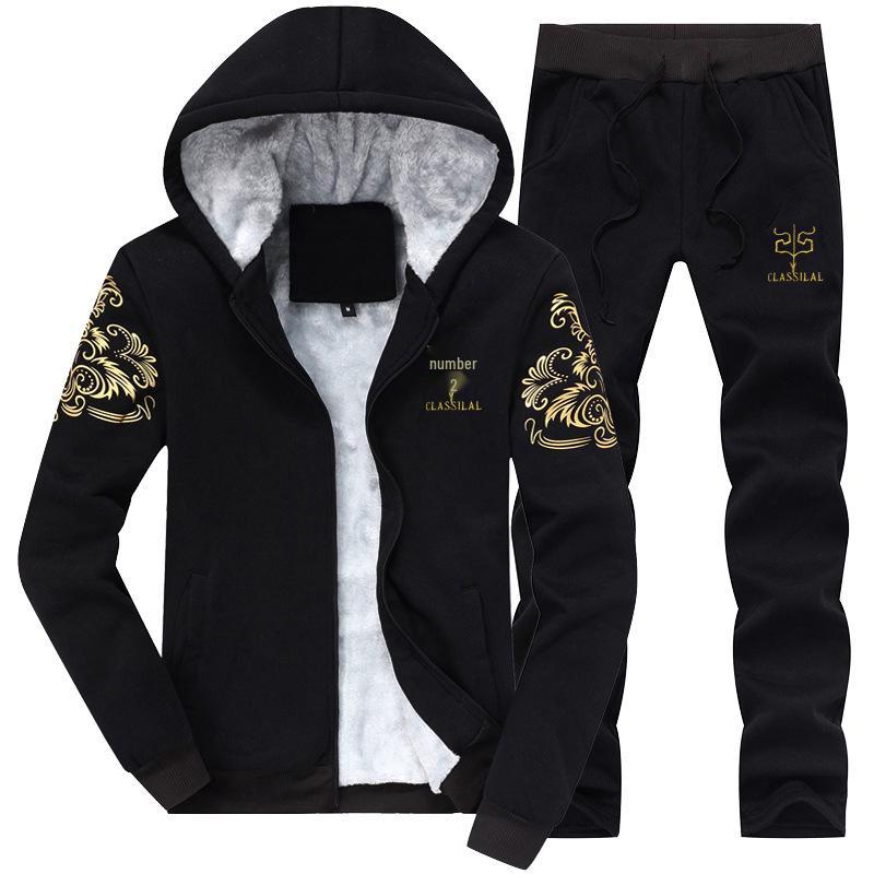 Men's Winter Fleece-Lined Casual Sports Two-Piece Set with Hoodie and Pants