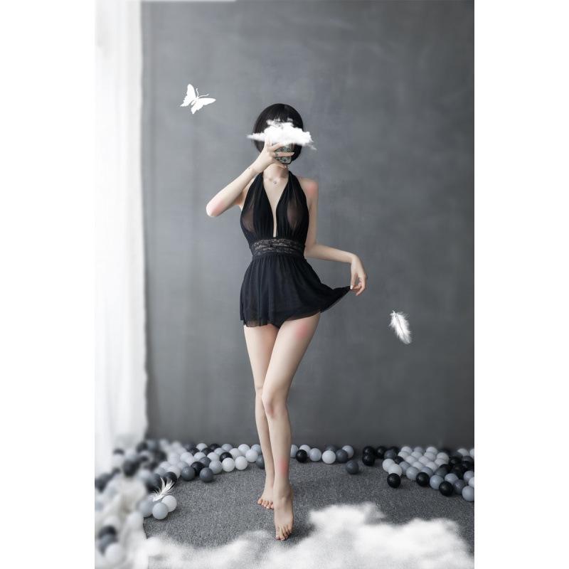 European-American Deep V Backless Mesh Halter Nightdress
