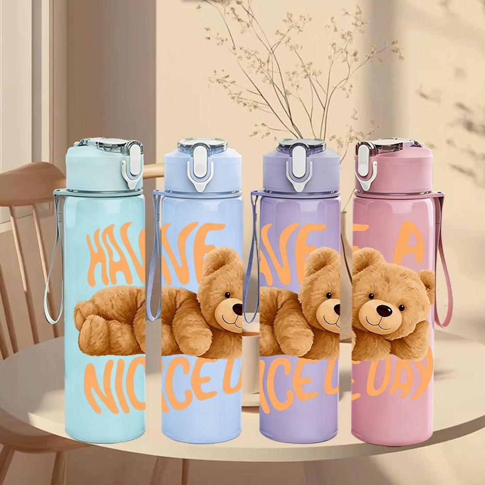 1PC Have A Nice Teddy Bear Pattern 750ml Color Plastic Sports Water Bottle Leakproof Flip Straw Lid Suitable for Sports Office Home Use