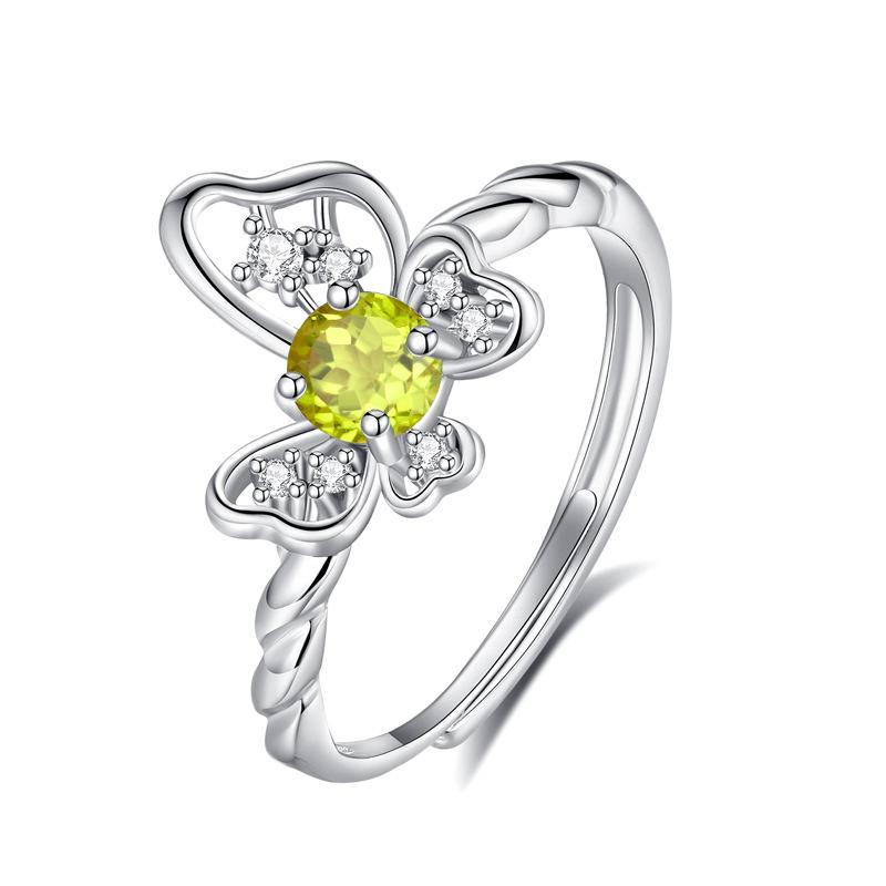 Classic S925 Sterling Silver Ring, Oval Natural Crystal & CZ Adjustable Band for Ladies