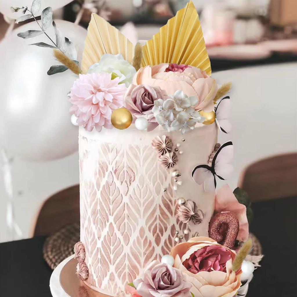 32 PCS Boho Cake Topper Flower Palm Leaves Cake Decorations for Wedding Baby Shower Birthday Party Supplies Mother's Day