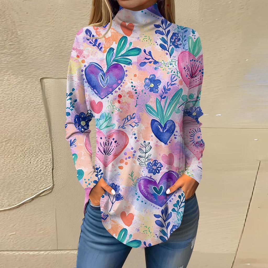 Women Fall Casual Long Sleeve Shirts Sweatshirt Printed High Neck Top Pullover