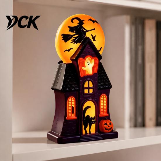 Mystical Halloween Shadow Lamps Haunted House Blow Mold Light, Vintage Pre-Lit Mansion Decor with Glowing Witch Retro Ghost Ornaments Moon Black Cat,