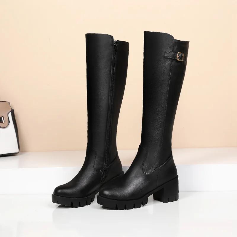 Casual Women Platform Snow Boots Buckle Women Knee High Boots Warm Fur Winter Riding Boot Female Black Brown Shoes Large Size 45